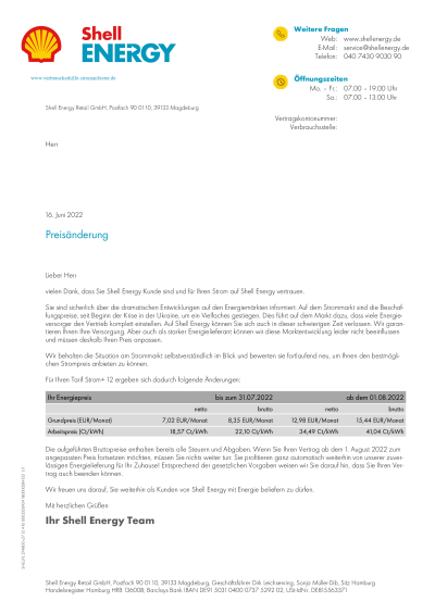 Shell Energy Preiserhöhung 2022 Strom