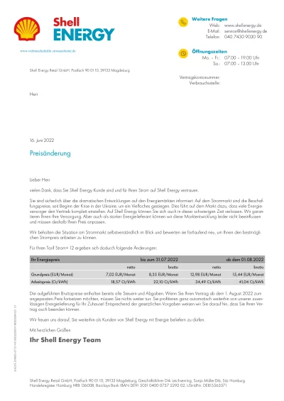 Shell Energy Preiserhöhung 2022 Strom