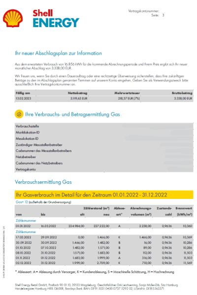 Shell Rechnung Gas 2022 Preiserhöhung