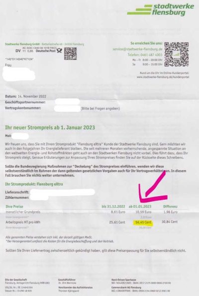 Stadtwerke Flensburg Preiserhöhung Strom 2023