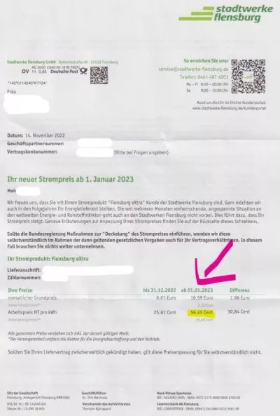 Stadtwerke Flensburg Preiserhöhung Strom 2023