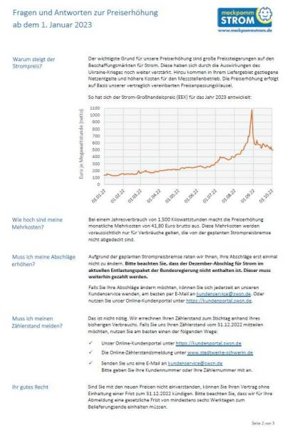 Stadtwerke Schwerin Preiserhöhung Strom 2023