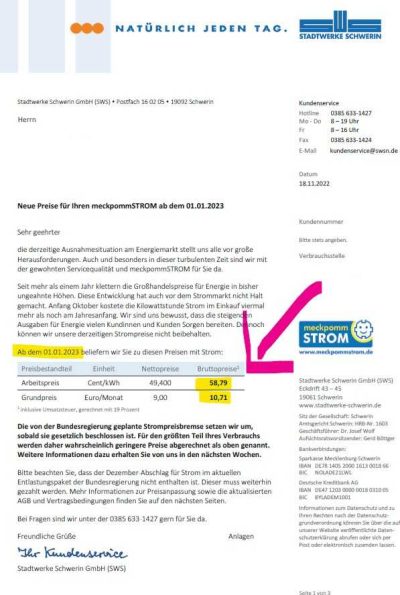 Stadtwerke Schwerin Preiserhöhung Strom 2023