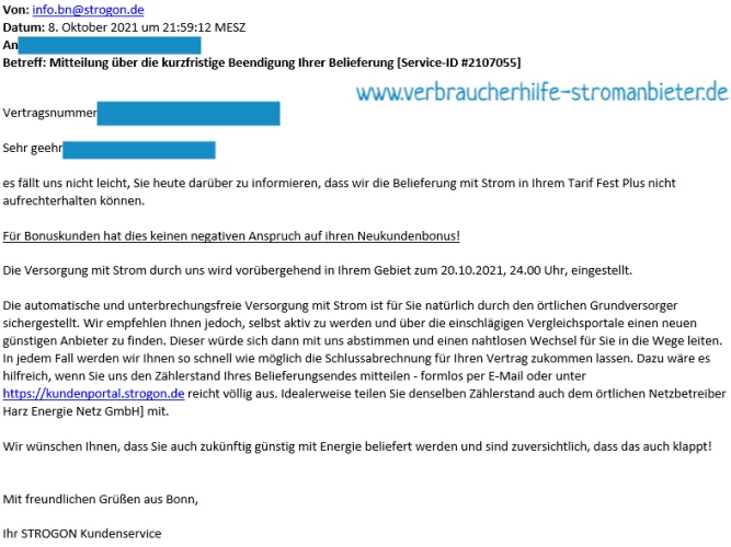 Strogon Mitteilung über die kurzfristige Beendigung Ihrer Belieferung