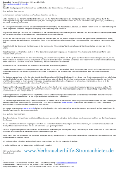 Stromio Vertragsbeendigung Kündigung