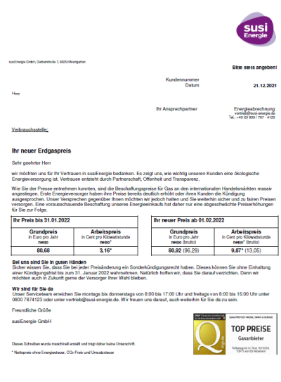 Susi Energie Preiserhöhung