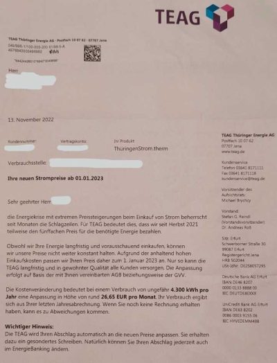 TEAG Preiserhöhung Strom 1
