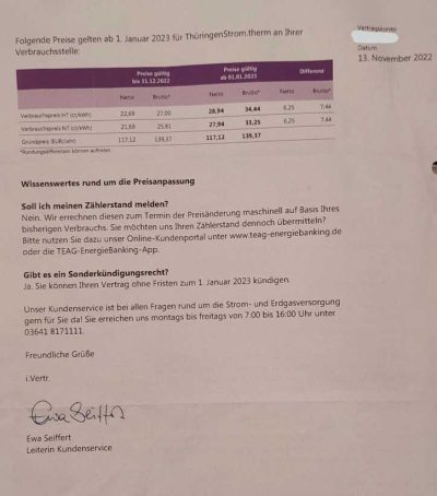 TEAG Preiserhöhung Strom 2