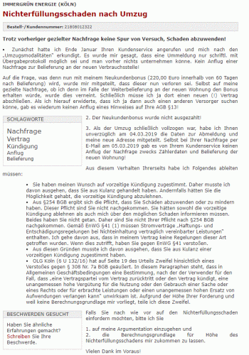 Umzug Strom Nichterfüllungsschaden