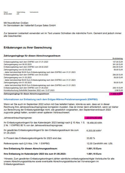 Vattenfall Rechnung 2023 Strom Gas