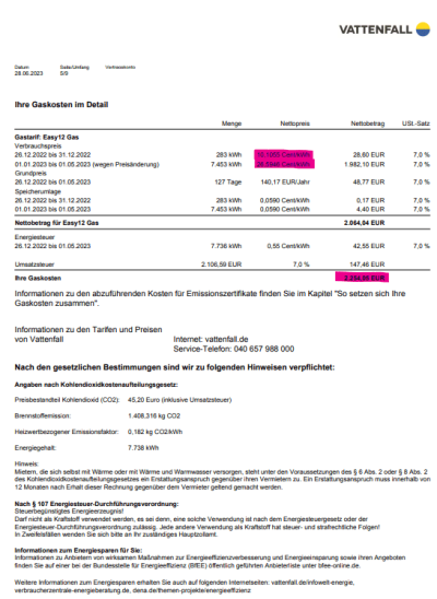 Vattenfall Rechnung 2023 Strom Gas