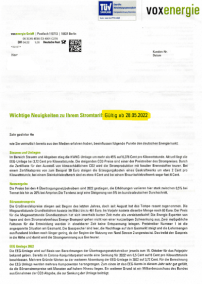 Voxenergie Preiserhöhung Strom