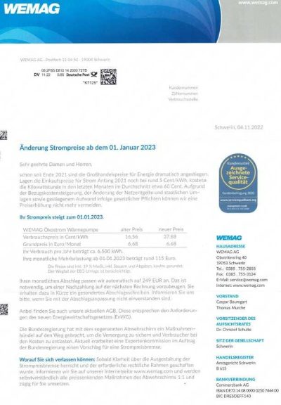 WEMAG Preiserhöhung Strom 2023 Anschreiben