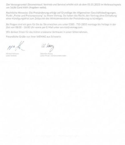 WEMAG Preiserhöhung Strom 2023