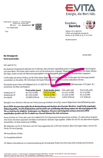 e.vita Preiserhöhung