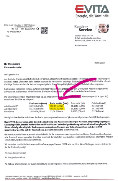 e.vita Preiserhöhung