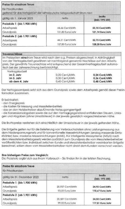 eins energie in Sachsen Preiserhöhung Strom 2023