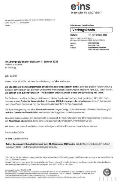 eins energie in Sachsen Preiserhöhung Strom