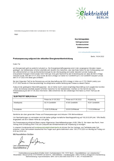 Preiserhöhung Elektrizität Berlin 1