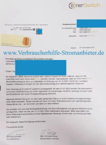 enerSwitch Kündigung Ihres enerSwitch Stromliefervertrages