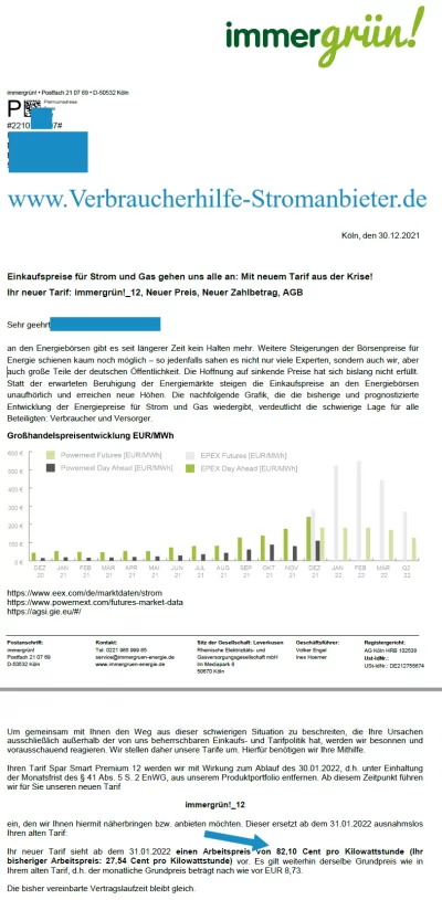 immergrün Preiserhöhung +198%, Abschlagserhöhung, AGB