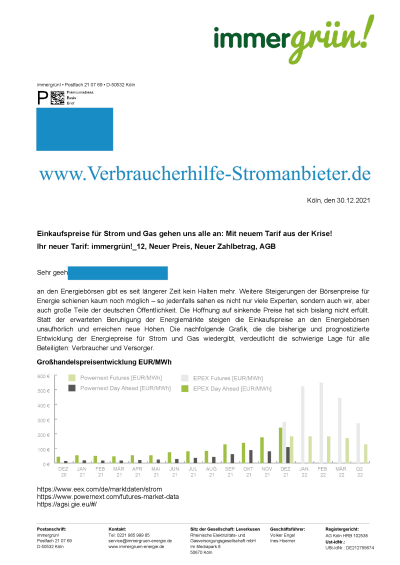 immergrün Preiserhöhung immergrün! 12 neuer Preis neuer Zahlbetrag AGB