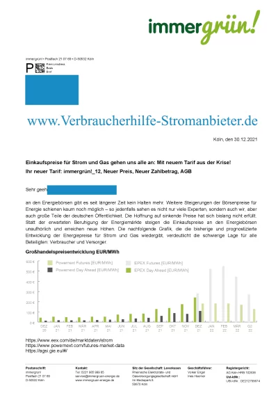 immergrün Preiserhöhung immergrün! 12 neuer Preis neuer Zahlbetrag AGB
