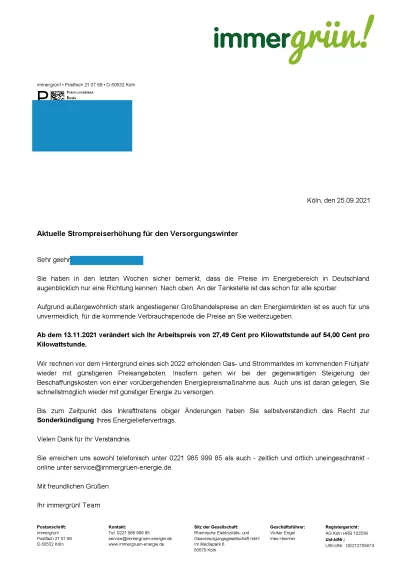 immergrün aktuelle Strompreiserhöhung +96% Arbeitspreis