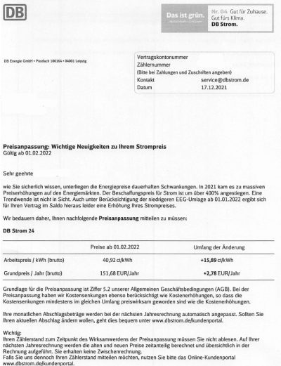 preiserhöhung DB energie Strom